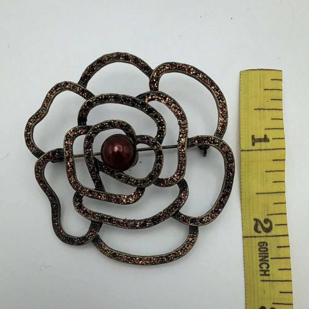Brown & Gold Tone Flower Brooch Pin, Simulated Red Pearl Center, 2.50 in